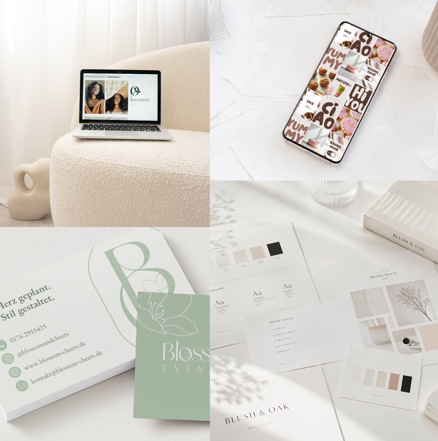 Collage aus Visitenkarte, Präsentation auf Laptop, Social Media Grid auf Smartphone und Branding-Unterlagen