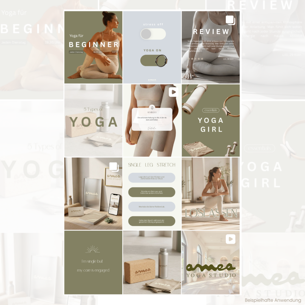 Übersicht eines ästhetischen Instagram-Feeds für ein Yogastudio mit Beiträgen zu Yoga, Achtsamkeit und Wellness.