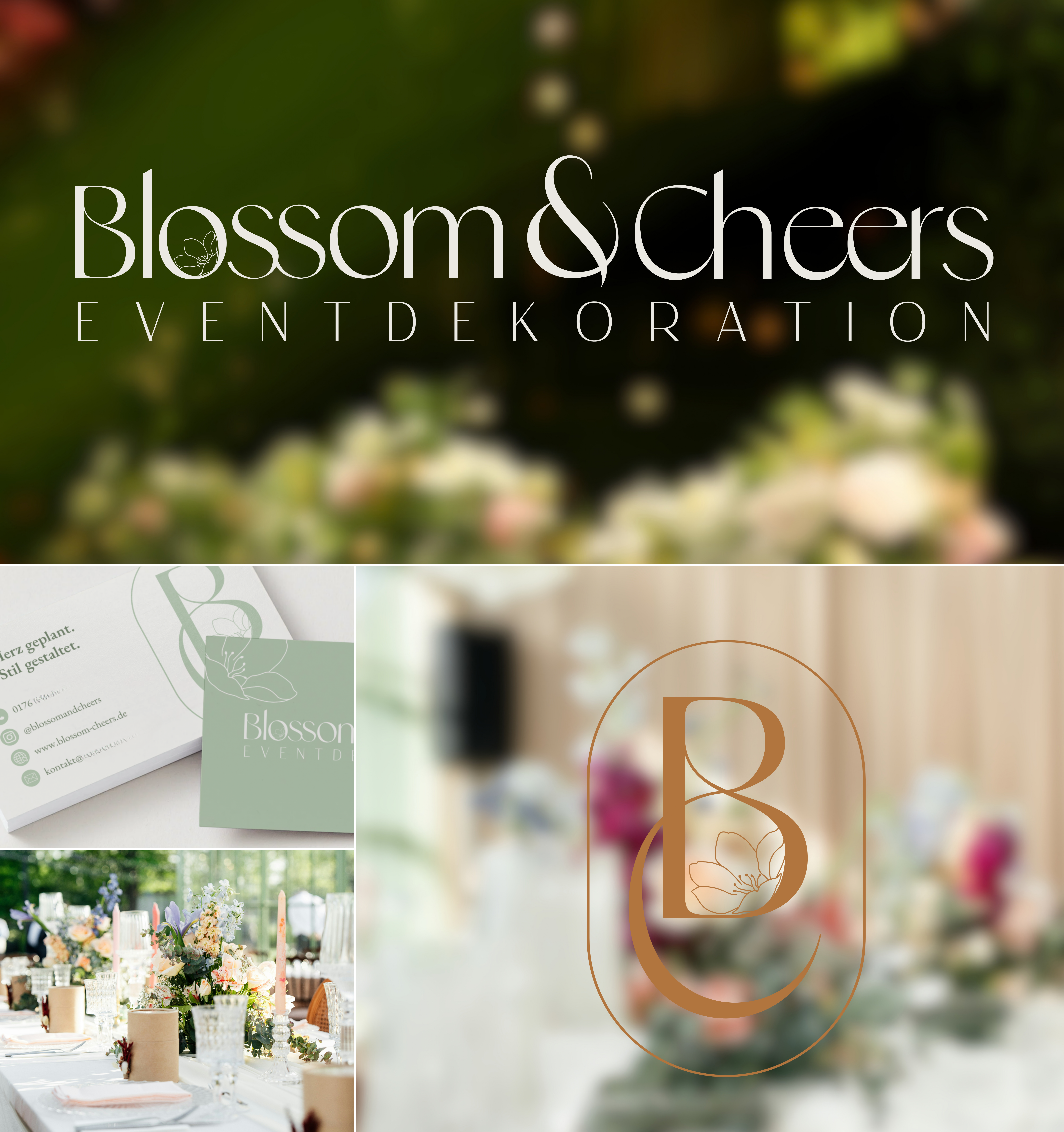 Blossom & Cheers Branding Portfolio mit Logo, Farbpalette und Brand Identity