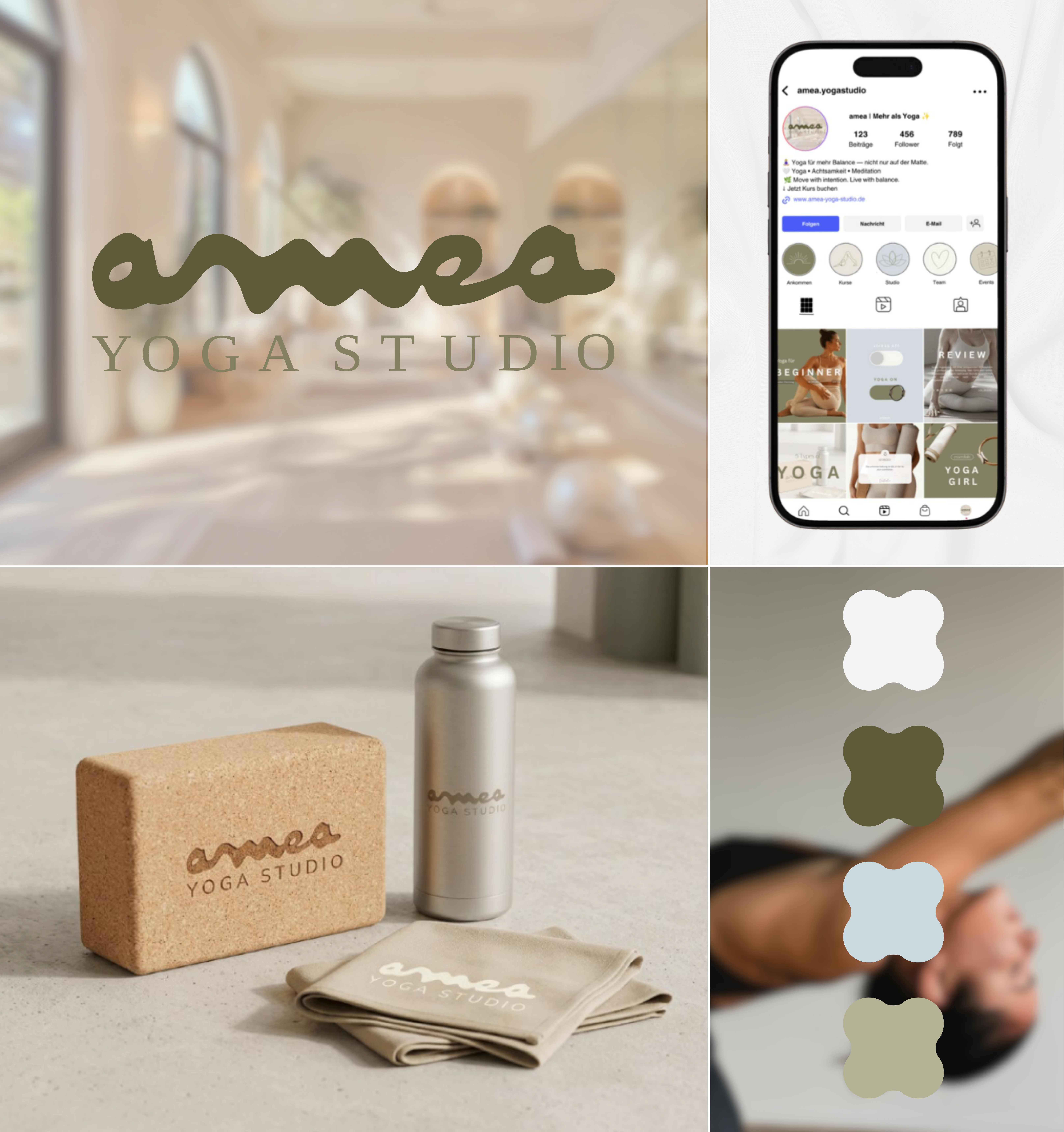 amea Yoga Studio Branding Portfolio mit Logo, Farbpalette und Brand Identity