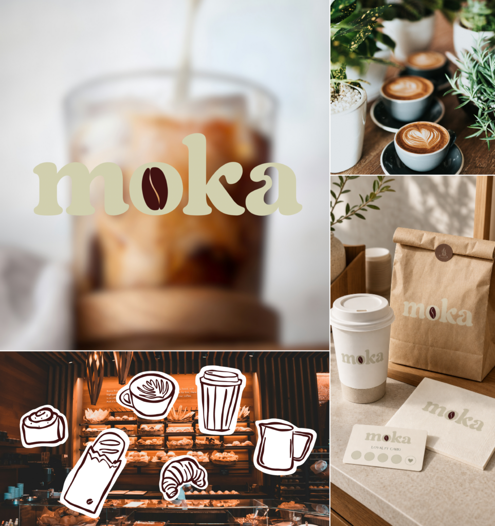 moka Café Branding Portfolio mit Logo, Farbpalette, Packaging und Brand Identity